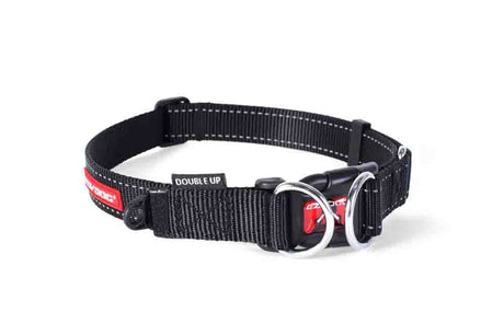 Ezy Dog Collar Double Up in black, medium size, featuring double D-rings, soft touch webbing, and reflective safety design.