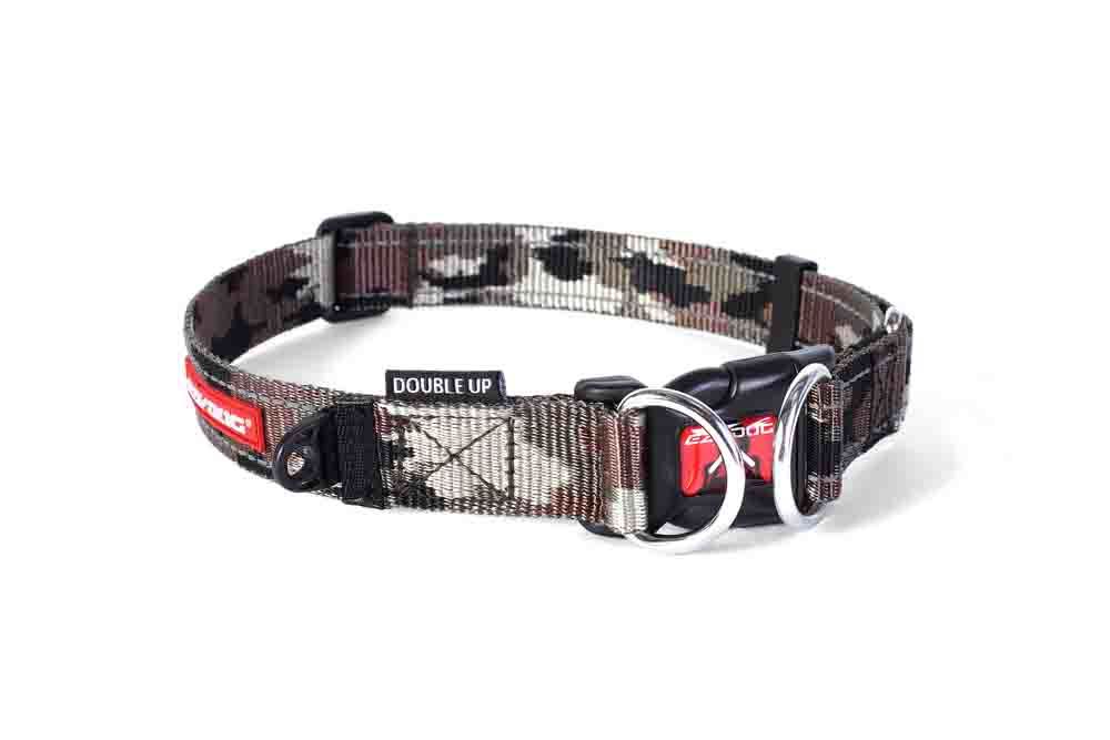 Camouflage dog collar with double stainless steel D-Rings for extra security, soft webbing for comfort, and reflective stitching.