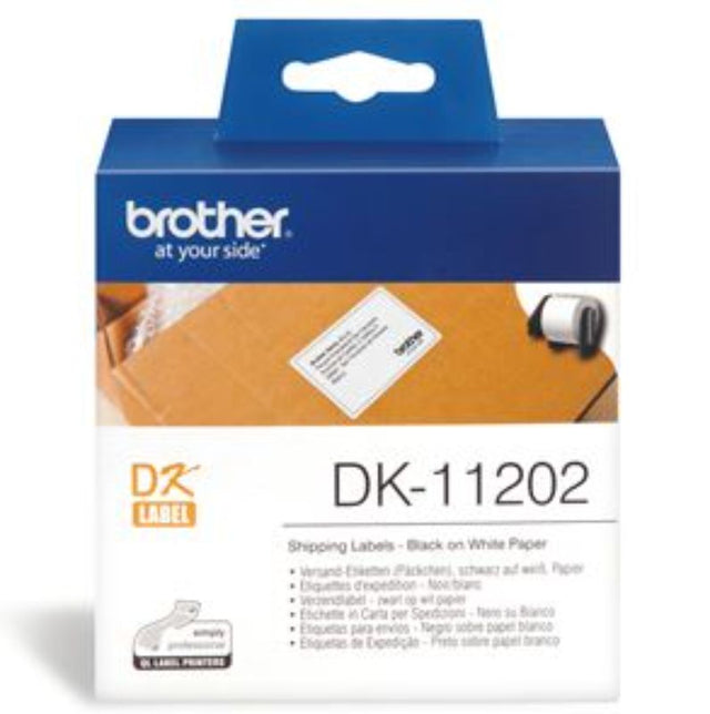 Brother DK11202 label roll featuring 300 bright white shipping/name badge labels, compatible with various Brother printers.