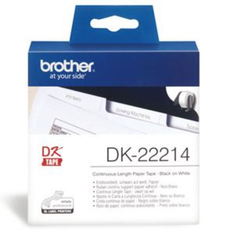 Brother DK22214 12mm x 30.48m continuous paper label tape for customizable home and office labeling solutions.