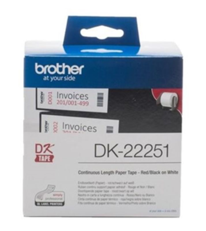 Brother DK22251 Continuous Length Label Tape in red and black for customizable, professional labels on a white adhesive roll.