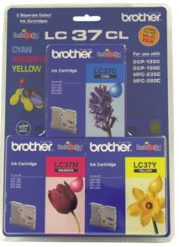 Brother LC37CL3PK CMY Ink Cartridges triple pack, offering vibrant color prints and compatibility with select Brother printers.