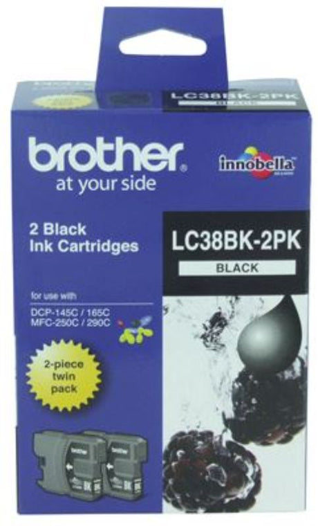 Brother LC38BK2PK Black Ink Cartridge Twin Pack for up to 600 pages, compatible with various Brother printers, ideal for home or office.