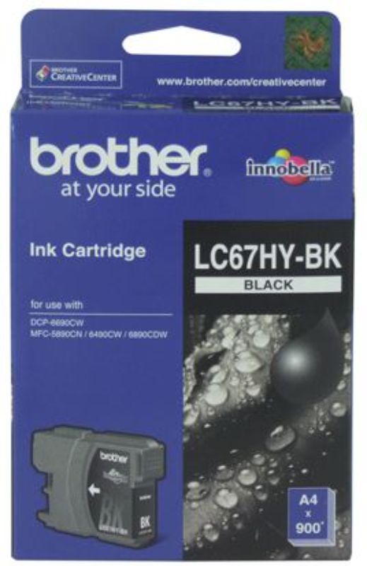 Brother LC67HYBK Black Ink Cartridge for high yield printing, compatible with multiple Brother printers, yielding up to 900 pages.