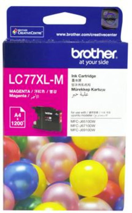 High yield Brother LC77XLM Magenta Ink Cartridge for vibrant prints, lasting up to 1200 pages, compatible with various Brother printers.