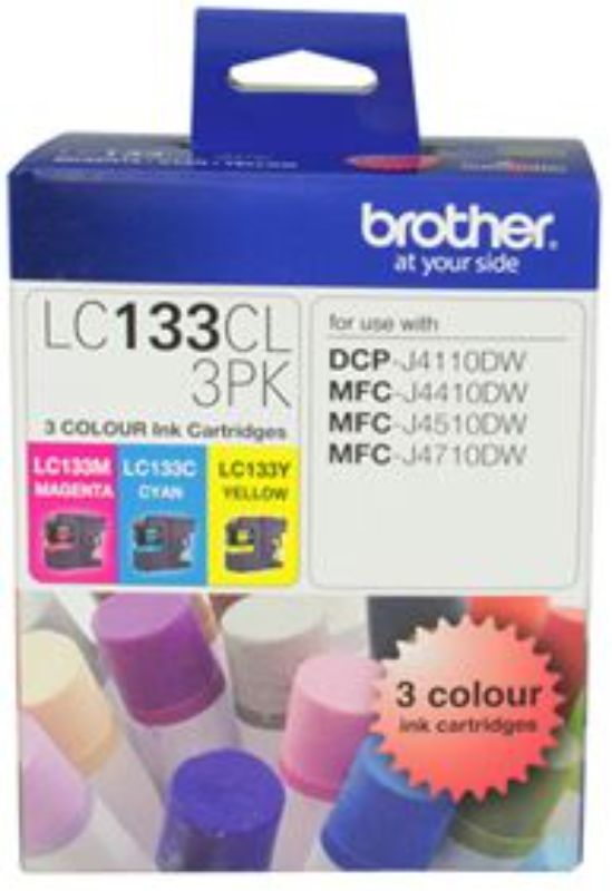 Brother LC133CL3PK CMY ink cartridges triple pack offering vibrant colors and 600-page yield for high-quality home or office printing.