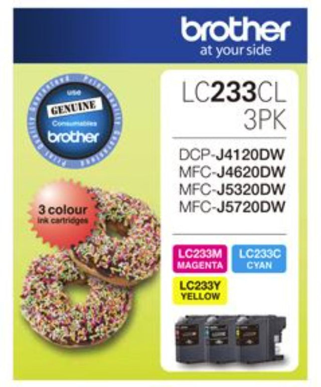 Brother LC233CL3PK ink cartridges triple pack featuring cyan, magenta, and yellow for vibrant, high-quality prints.