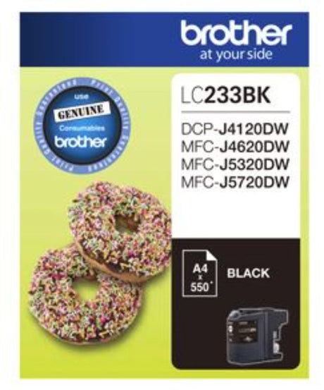 Black ink cartridge for Brother printers, offers 550-page yield and vibrant clarity for high-quality documents and photos.