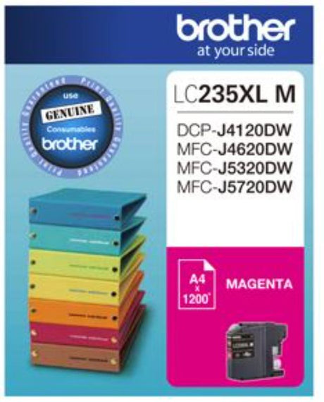 Magenta high yield ink cartridge for Brother printers, yielding up to 1200 pages, perfect for vibrant, high-quality prints.