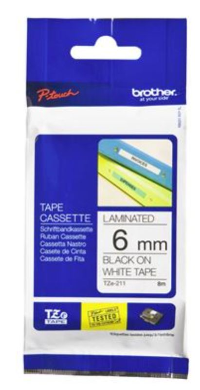 Durable 6mm black on white labeling tape for indoor/outdoor use, compatible with various Brother label printers.