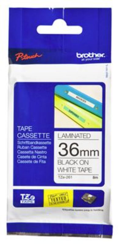 Brother TZe-261 tape with black text on white, 36mm wide, designed for durable, versatile labeling in any environment.