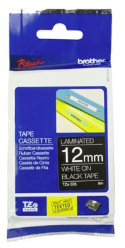 Brother TZe-335 tape, 12mm x 8m, featuring durable white text on black, perfect for all labeling tasks indoors and outdoors.