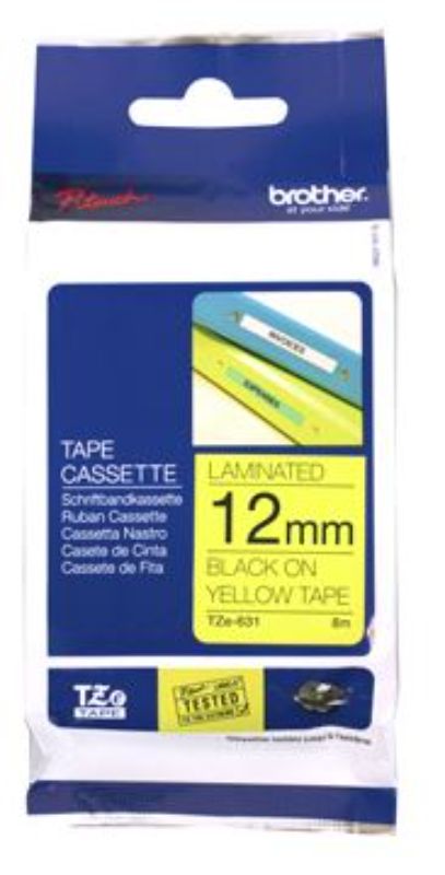 Brother TZe-631 Black on Yellow Tape, 12mm x 8m, versatile, durable, resistant to abrasion and chemicals, ideal for labeling.