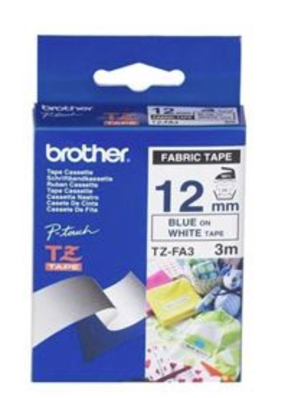 Brother TZe-FA3 12mm blue on white fabric tape, durable and versatile for indoor/outdoor labeling and organizing projects.