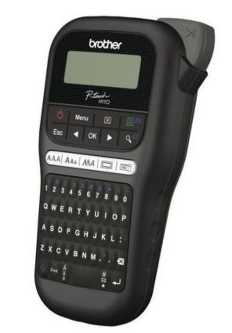 Brother PTH110BK label printer for durable, high-quality labels; features intuitive QWERTY keyboard and customizable options.