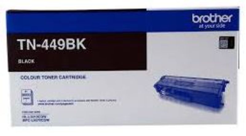 Brother TN449BK Black Toner Cartridge for vivid, professional printing, compatible with MFCL9570CDW and HLL9310CDW, yielding 9,000 pages.