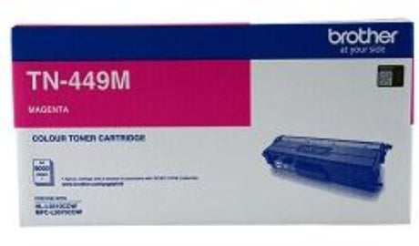 Brother TN449M Magenta Toner cartridge for vibrant, professional prints with up to 9,000 pages yield, compatible with Brother printers.