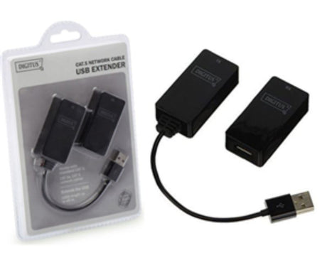 Alt text: "Digitus USB Line Extender connects USB devices up to 45m with optimal performance using Cat 5/6 cables, self-powered."