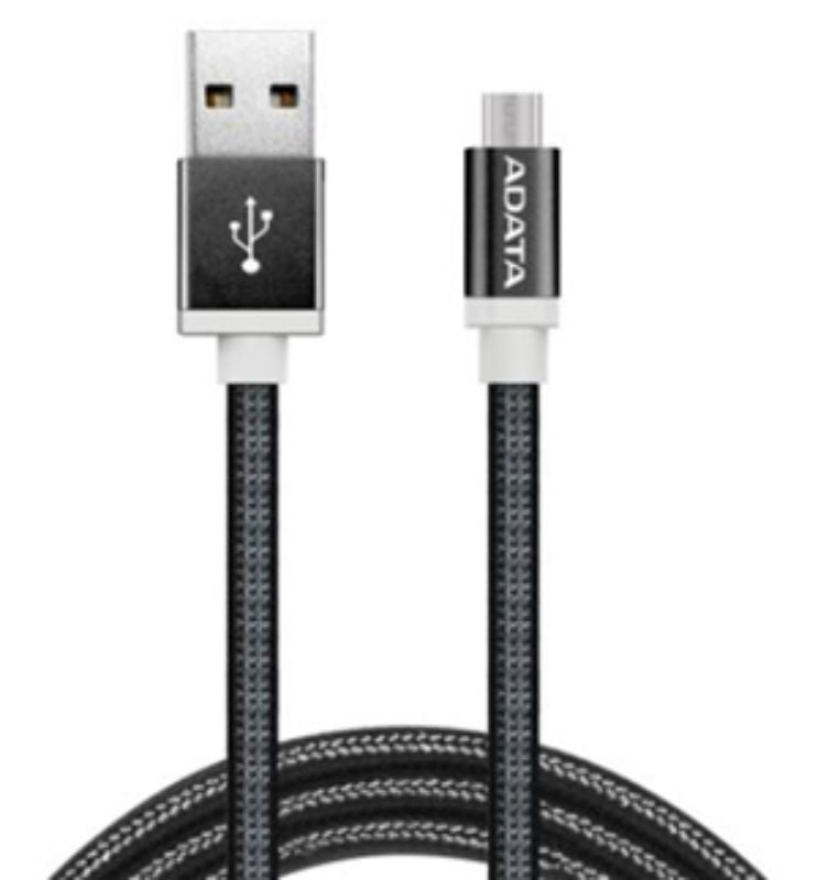 Image of ADATA USB Type A to Micro USB braided cable, 1m long, black with reversible connectors for fast charging and data transfer.