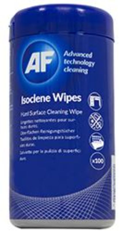 AF Isoclene Anti-Bacterial Wipes tub containing 100 strong bactericidal wipes for effective sanitization against harmful bacteria.