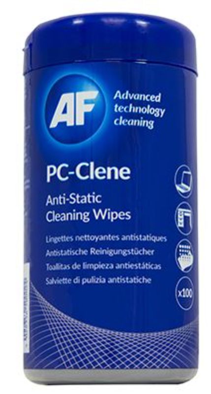 AF PC-Clene Anti-Static Wipes Tub contains 100 bactericidal wipes for cleaning electronics without damage or static build-up.