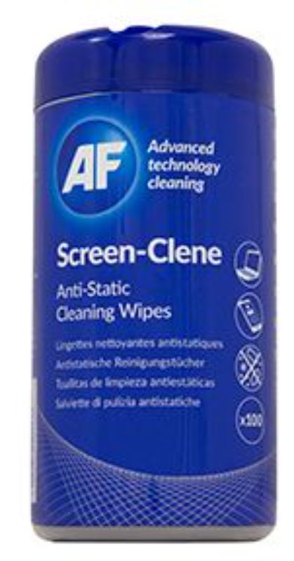 Moist anti-static cleaning wipes in a tub of 100, designed for safe use on screens, ensuring crystal-clear displays.