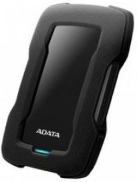 Black ADATA HD330 1TB external HDD with durable silicone casing, USB 3.1, shock sensors, and AES 256-bit encryption.