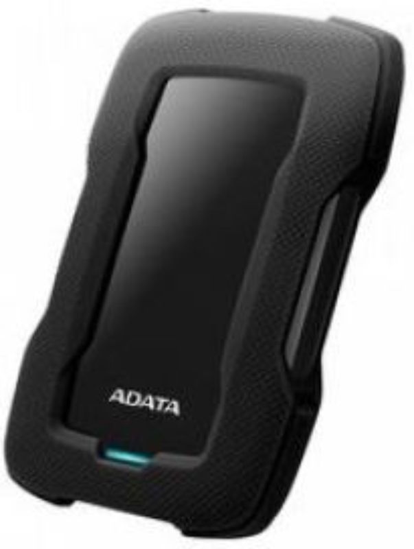 Durable ADATA HD330 2TB external HDD in black with silicone casing, USB 3.1, shock sensors, and AES 256-bit encryption.