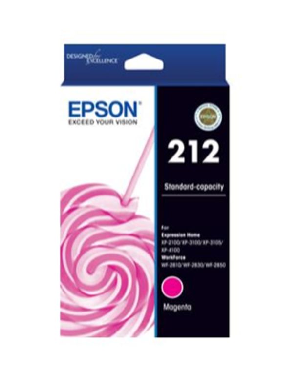 Epson 212 Magenta Ink Cartridge for vibrant prints, compatible with WF-2830 and WF-2850, for crisp text and glossy photos.