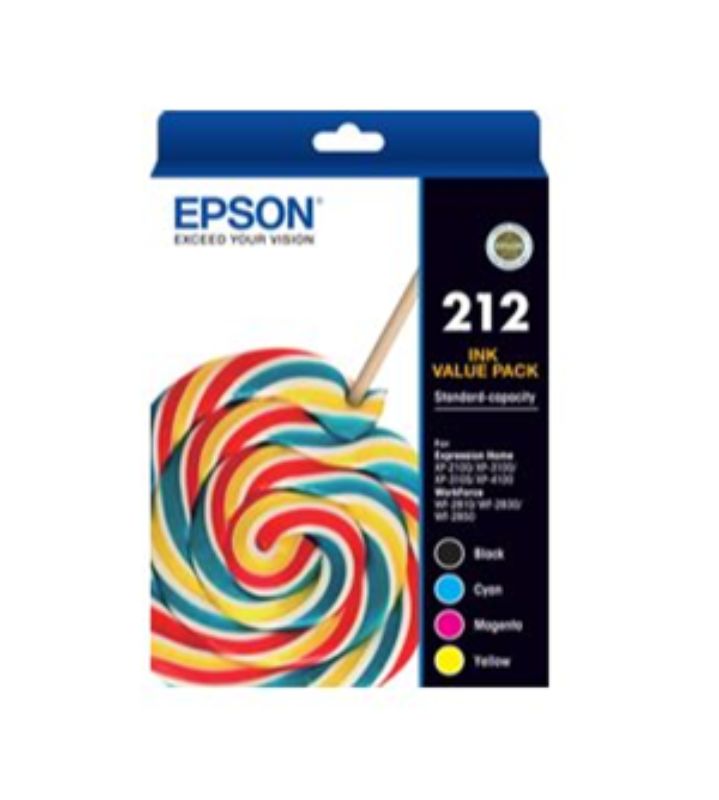 Epson 212 Value Pack BK/C/M/Y Ink Cartridges for vibrant colors and sharp text, compatible with WF-2830 and WF-2850 printers.