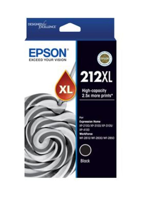 Epson 212XL Black High Yield Ink Cartridge for clear text and vibrant photos, compatible with WF-2830 and WF-2850 printers.