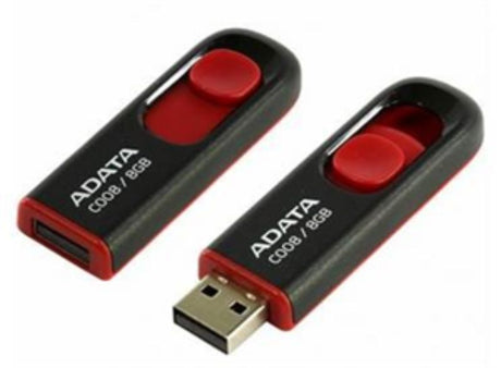 Retractable ADATA C008 USB 2.0 flash drive in black and red, offering 16GB storage, lightweight design, and capless convenience.