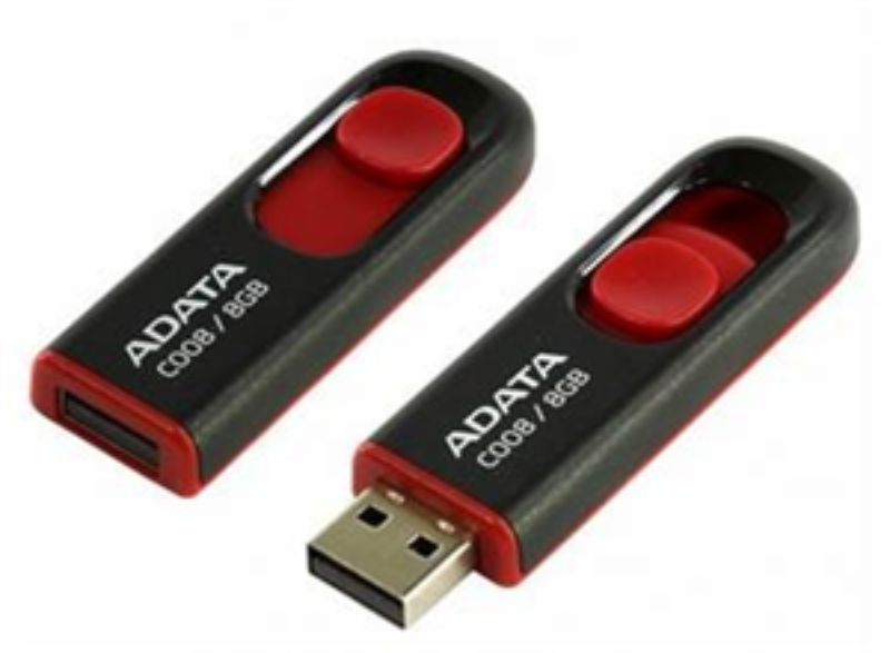 Retractable ADATA C008 USB 2.0 Flash Drive in black and red, 64GB capacity, capless design, slider mechanism for easy use.