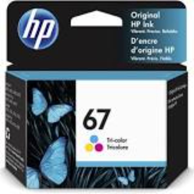 HP 67 Tri-Colour Ink Cartridge, vibrant printing for home and office, compatible with various HP printers, yields up to 100 pages.