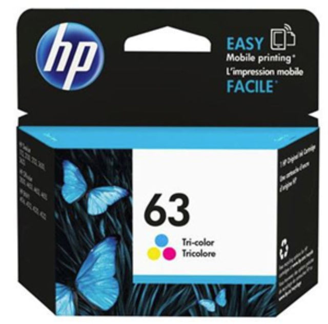 HP 63 Tri-Colour Ink Cartridge, delivering vibrant prints and sharp images for home or office use, compatible with various HP printers.