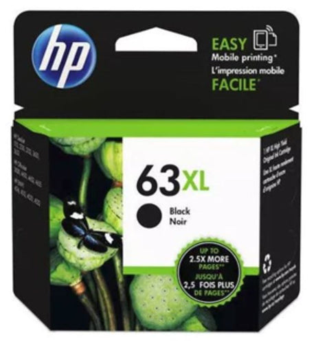 HP 63XL Black High Yield Ink Cartridge for vibrant prints, delivers up to 480 pages, compatible with various HP printers.