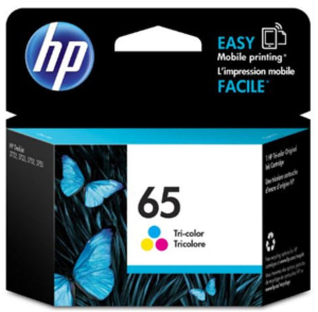 HP 65 Tri-Colour Ink Cartridge for vibrant printing, compatible with DeskJet and Envy printers, yields up to 100 pages.