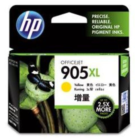 HP 905XL High Yield Yellow Ink Cartridge, prints up to 825 pages, compatible with multiple HP OfficeJet models.