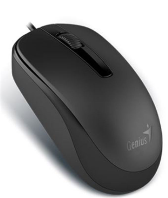 Genius DX-120 USB Wired Mouse in black, ambidextrous design, optical sensor for precise tracking, compatible with Windows and MacOS.