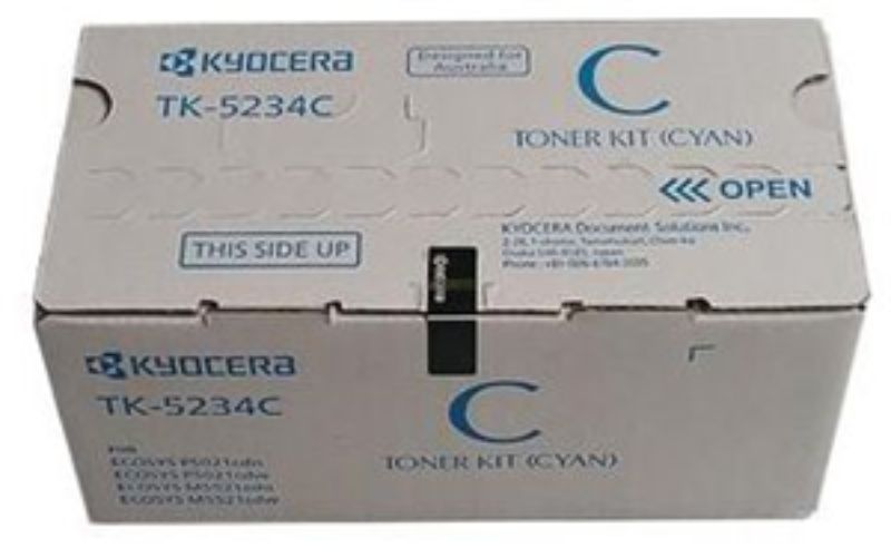 Kyocera TK-5234C Cyan Toner cartridge with a yield of 2,200 pages, ensuring vibrant prints and reliability for compatible models.