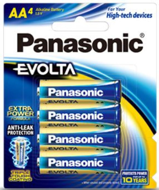 Panasonic Evolta AA alkaline batteries 4 pack, designed for superior performance in various electronic devices.