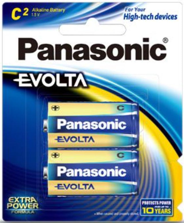 Panasonic Evolta C Alkaline Battery 2 Pack: long-lasting, eco-friendly batteries designed for dependable power in various devices.