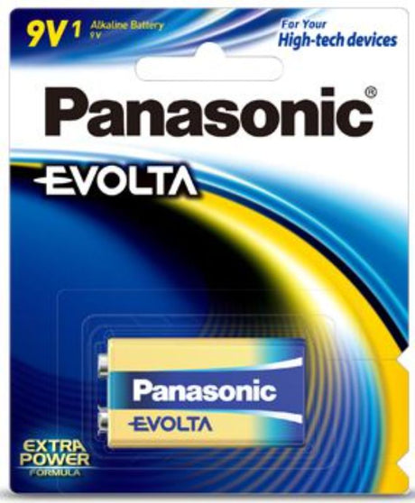 Panasonic Evolta 9V Alkaline Battery in a 1 pack, ideal for both low and high drain devices, offering long-lasting power.