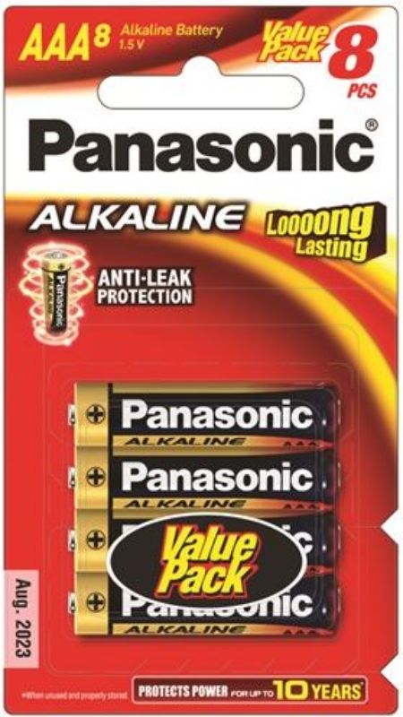 Panasonic AAA Alkaline Battery 8 Pack: reliable, long-lasting power for all devices including remotes and cameras.