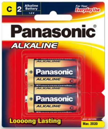 Panasonic C Alkaline Battery 2 Pack, durable power for varied devices, ensuring long-lasting performance and reliability.