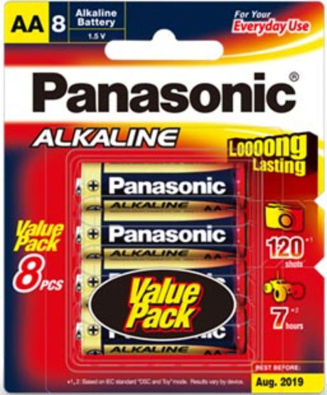 Panasonic AA Alkaline Battery 8 Pack, ideal for powering devices like remotes, toys, and digital cameras with reliable energy.