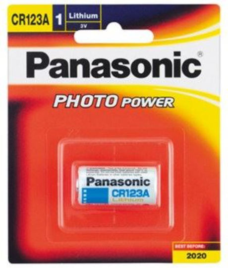 Panasonic CR-123A lithium camera battery, 3V, lightweight, ideal for cameras and flash units, ensures reliable power on the go.