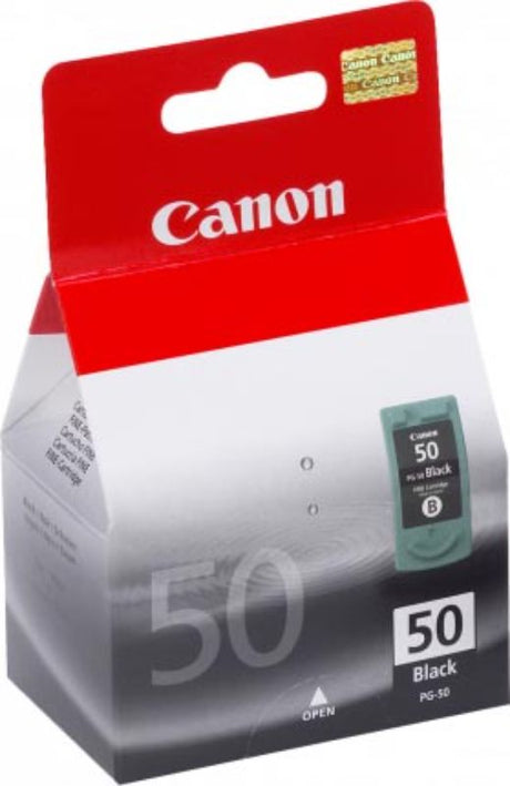 Canon PG50 black ink cartridge, designed for high yield and sharp prints, compatible with multiple Canon printers.