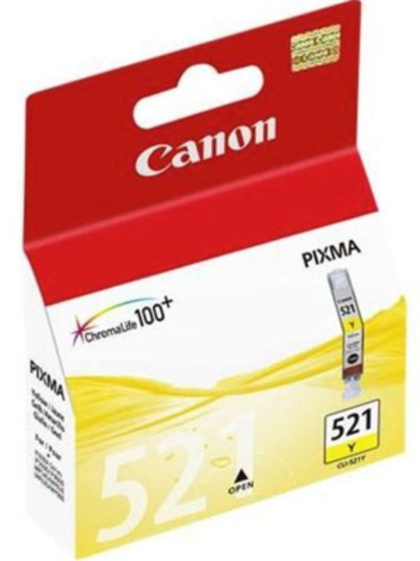 Canon CLI521Y Yellow Ink Cartridge for vibrant prints, quick-drying, smudge-resistant, yields up to 505 pages, compatible with various Canon printers.