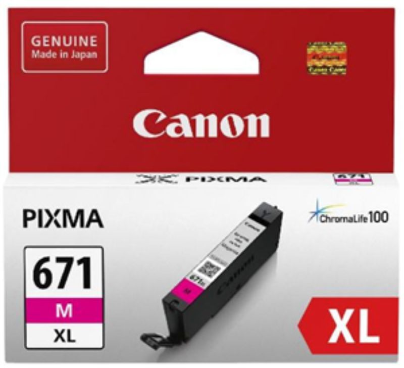 Magenta ink cartridge for Canon printers, ensuring vibrant prints with quick-dry, high yield performance. Compatible with various models.